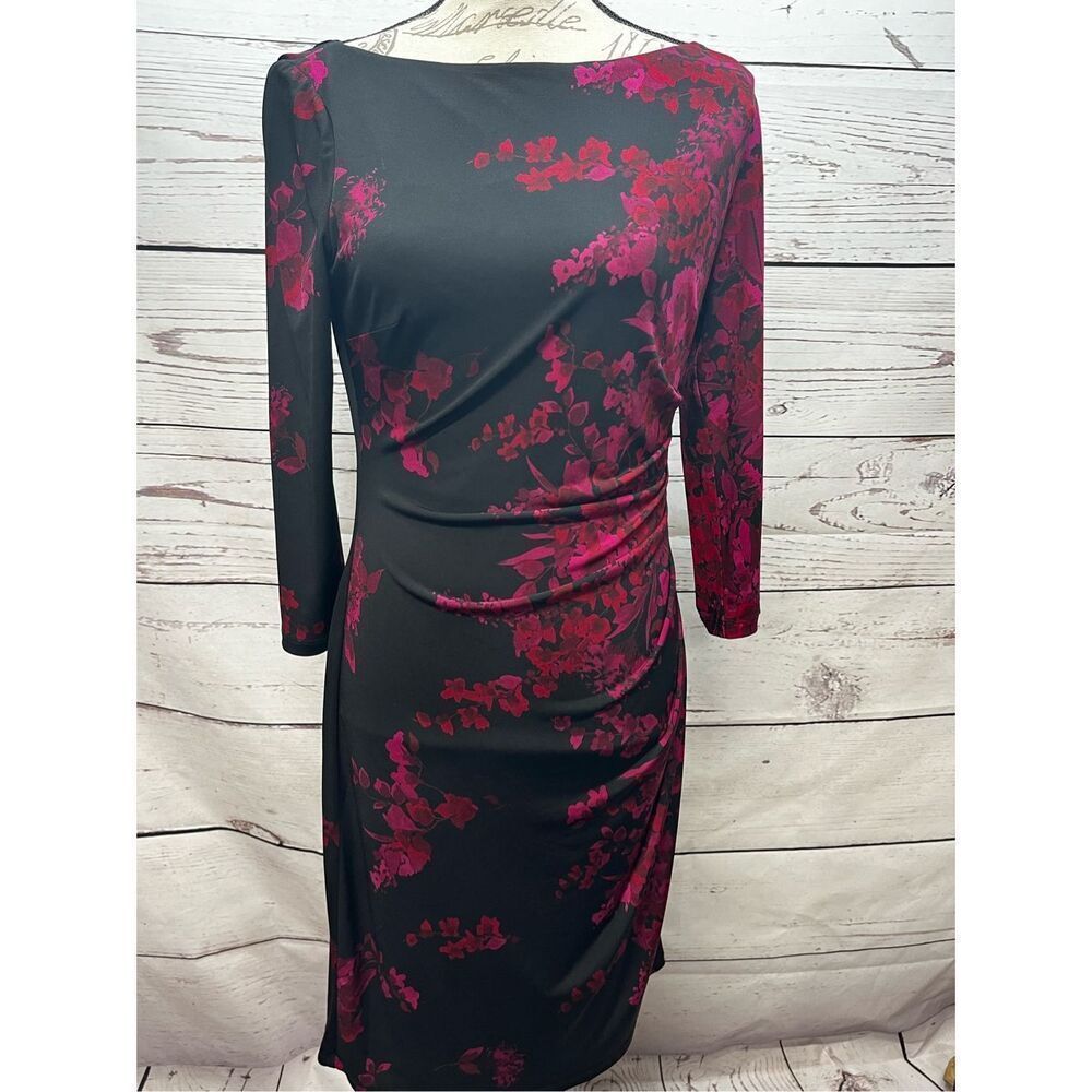 Chaps Womens Sheath Dress Black Pink Floral Ruched Boat‎ Neck Long Sleeve M